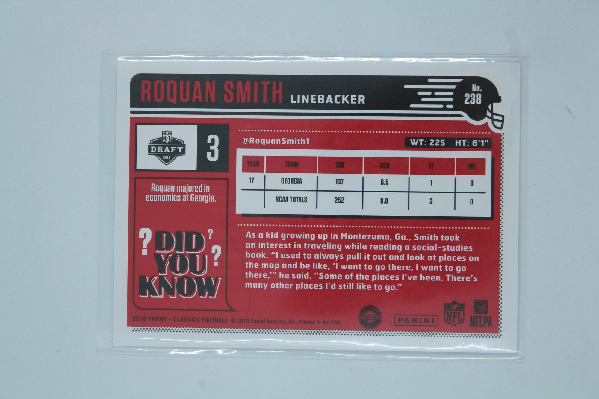 Roquan Smith 2018 Panini Classics Red Back - Rookies - Rookie Card #256/299