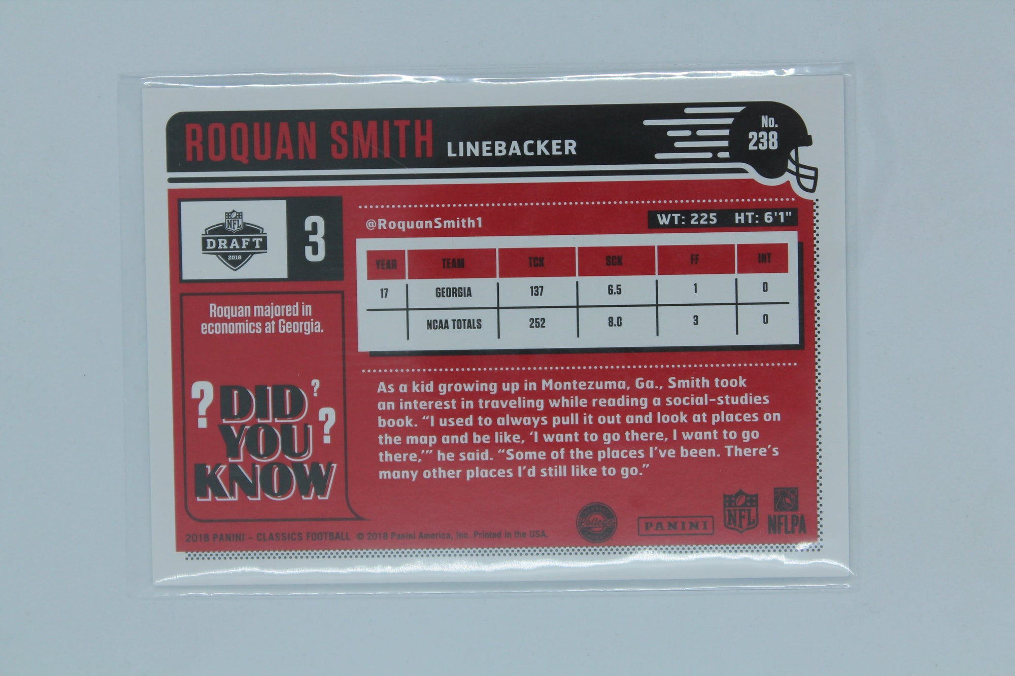 Roquan Smith 2018 Panini Classics Red Back - Rookies - Rookie Card #229/299