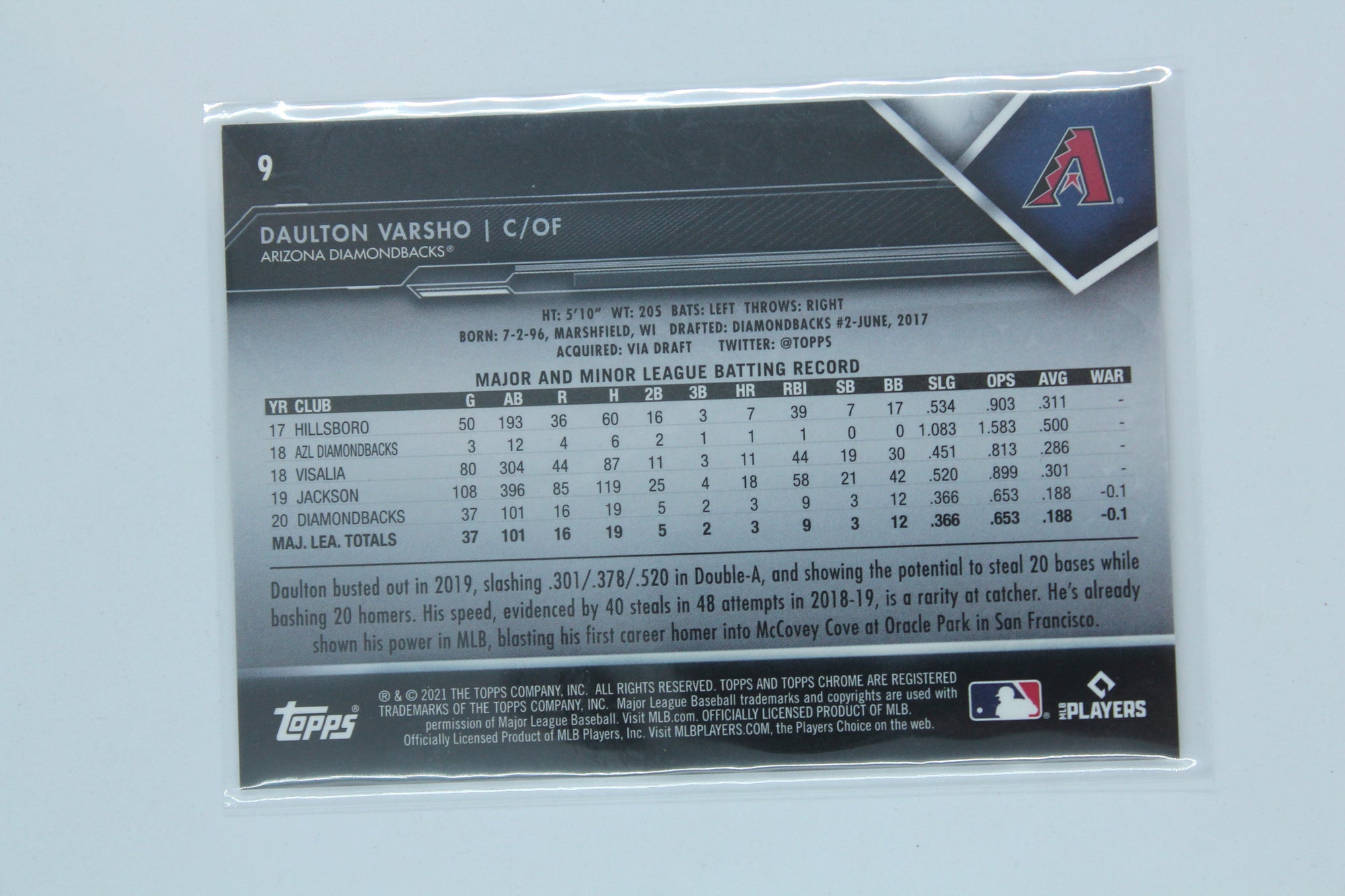 Daulton Varsho 2021 Topps Chrome Black Rookie Card