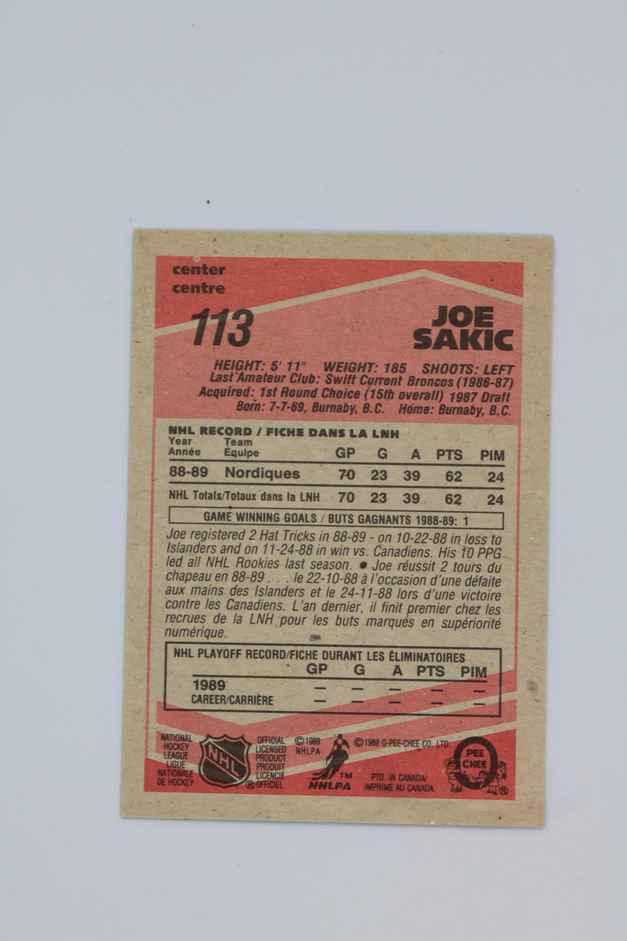 Joe Sakic 1989-90 O-Pee-Chee Rookie Card