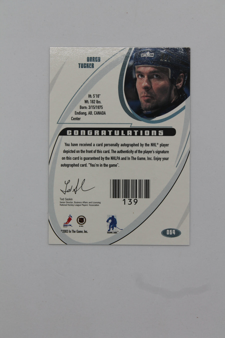 Darcy Tucker 2002-03 In the Game Be A Player Signature Series Autographed Card