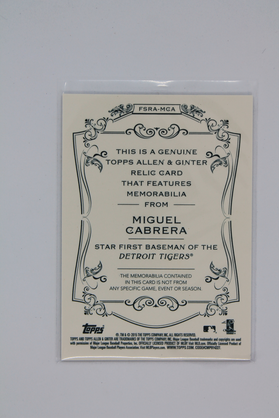 Miguel Cabrera 2015 Topps Allen & Ginter's - Relics A #FSRA-MCA